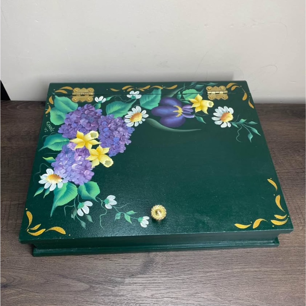 Beautifully Handpainted Wooden Storage / trinket Green Box
